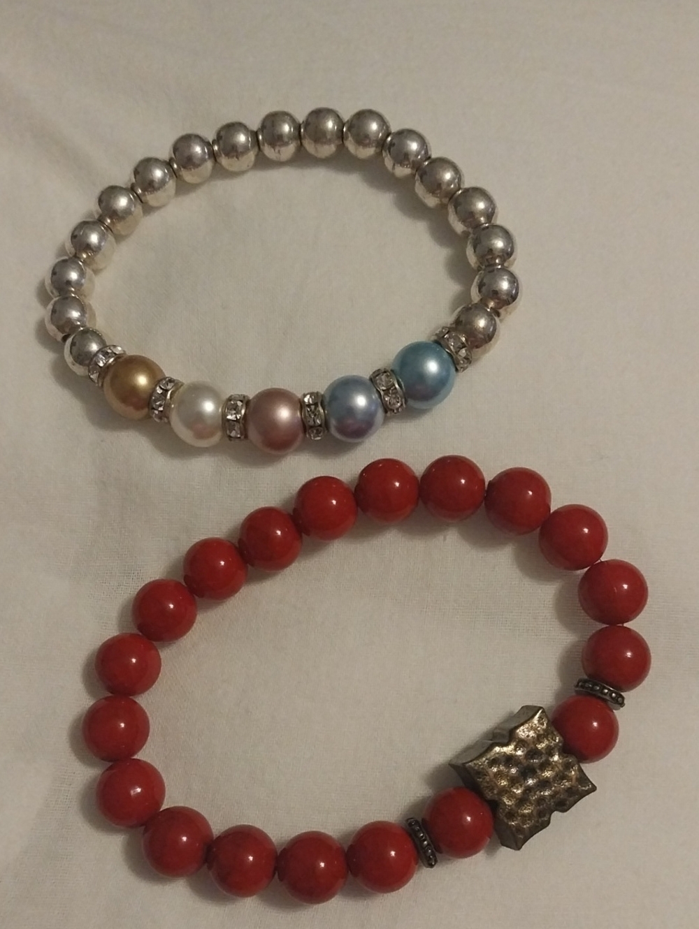 Multicolor Pearl Accent Silver Bead Bracelet & Red Beaded Stretch Bracelet Set